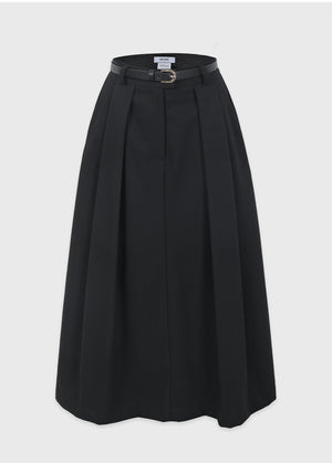 Urbane Pleats Long Skirt-Belt Set Brown